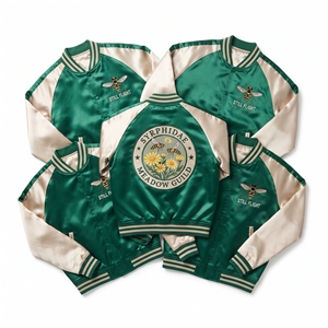 Factory Direct Gold Brown Satin Varsity Jacket Zip Up Custom Embroidered Mowers Guild Baseball <b>Coat</b> Bulk Outerwear - Product Image 5