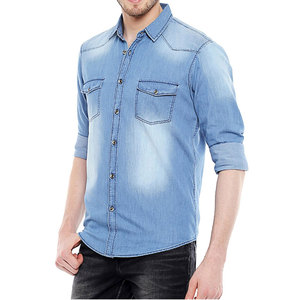 Chemises en jean pour hommes à manches longues, douces, 100 % coton, double poche, coupe ajustée, boutons corne, style cowboy formel, hauts bleus élastiques - Product Image 5