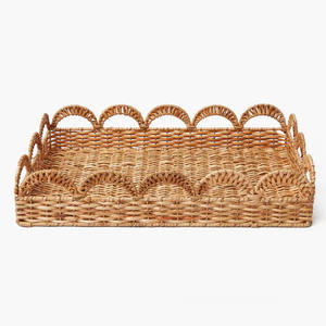 Exquisita Cesta Rectangular de Mimbre con Patrón de Medio Círculo, Bandeja Artesanal de Ratán con Borde Arqueado Clásico para Cafetería - Product Image 1