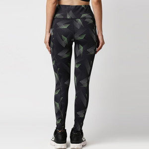 High Waist <b>Black</b> Green Geometric Print Full Length <b>Leggings</b> Knitted Stretch Breathable Sporty Women's Workout Wear - Product Image 3