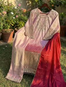 Designer Printed Sequence Embroidery And Lace Border Chinon <b>Top</b> With Pant And Dupatta Fully Stitched Ready To Wear Set - Product Image 5
