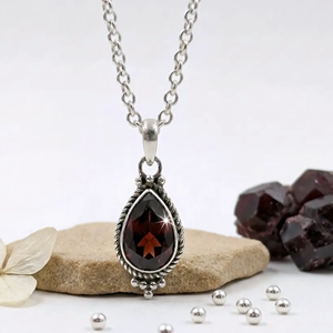 Classic Sterling Silver Garnet Pendant <b>Necklace</b> Water Drop Shape Bezel Setting Figaro Chain Unisex Everyday Wear Jewelry - Product Image 3