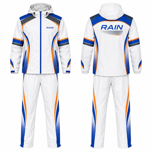 Ensemble de survêtement unisexe imperméable à capuche MEGAMAPLE, blanc, bleu, orange, imprimé par sublimation, polyester, sportif, longueur intégrale, léger - Product Image 1