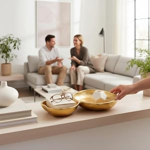 2 Cluster Decorative Bowls Bright Gold <b>Snack</b> <b>Tray</b> Bowl Chip & Dip Serving Piece Strong Brass Centerpiece - Product Image 2