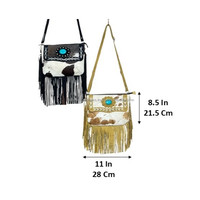 Nouveau sac à franges en cuir suédé style western avec fourrure de vache, sac à bandoulière en cuir bohème de haute qualité pour femme avec pierre turquoise