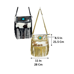 New Western Style Hair on Hide Fur Suede Leather Fringe <b>Bag</b> High Quality <b>Boho</b> Women Leather Shoulder <b>Bag</b> With Turquoise Stone - Product Image 2