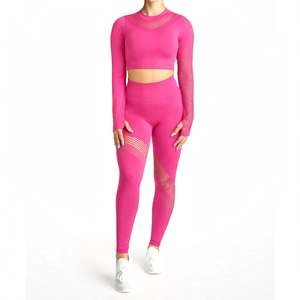 Women's <b>Pink</b> Two-Piece Yoga Set Stand Neck Asymmetric Custom OEM Design High Elastic Waist Closure Seamless Breathable - Product Image 3