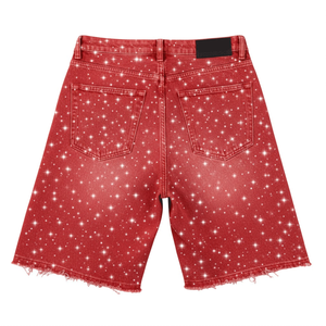 Shorts en jean décontractés pour hommes, couleur unie, délavés, ornés de strass, logo personnalisé, coupe ample, taille élastique, dernière collection - Product Image 2
