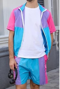 Men's Color Blocking Tracksuit Short Sleeve <b>Zip</b>-<b>Up</b> <b>Jacket</b> and Shorts Windbreaker Set Breathable Summer Wear with Side Pocket - Product Image 2
