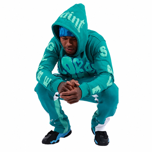 Chándal con Capucha Color Verde Azulado para Hombre, Manga Larga, Estilo Urbano Informal, Corte Regular, 100% Poliéster, Ropa de Otoño con Estampado de Letras y Bolsillos Laterales - Product Image 3