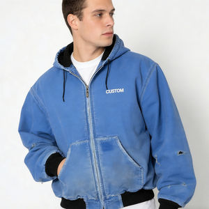 Sweat à capuche zippé intégral pour homme, en denim bleu tendance, effet usé, imprimé personnalisé, confortable, coupe oversize, style streetwear décontracté pour le quotidien - Product Image 2