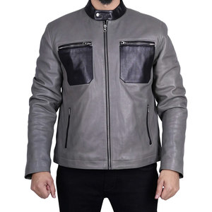 Men's Gray Solid Color Leather Moto <b>Jacket</b> Zipper Closure Turn-down Collar <b>Slim</b> <b>Fit</b> Regular Length Leather <b>Jacket</b> For Sale - Product Image 1