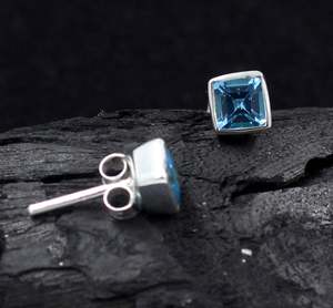 Wholesale Natural London <b>Blue</b> Topaz <b>Stud</b> <b>Earrings</b> 925 Sterling Silver Princess Cut <b>Blue</b> Topaz Square <b>Stud</b> <b>Earrings</b> - Product Image 4