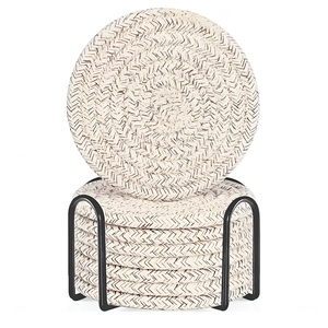 Ensemble de dessous-de-verre en corde de coton tressée blanc cassé avec un support de rangement élégant en métal noir, disponible à prix de gros. - Product Image 1