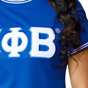 T-shirt en chenille bleu Zeta Phi Beta pour femme, lettres grecques brodées en blanc, chemise de sororité décontractée, élégante et douce - Product Image 4