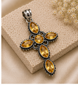 Natural Citrine Cross Pendant, Sterling <b>Silver</b> Cross Necklace, Faceted Citrine Gemstone Jewelry, November Birthstone Pendant, Ye - Product Image 2