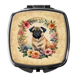 Fawn Pug Flowers Miroir de maquillage de voyage compact Cadeau de conception de poche pliant pour femmes et filles - Product Image 1
