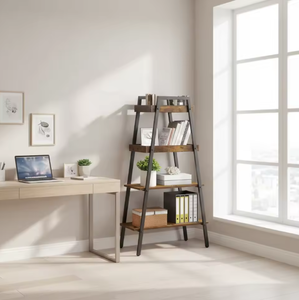 Industrial 4 Tier Ladder Bookshelf <b>Rustic</b> Wood and Black Metal Frame Display Storage Rack for Home Office Decor - Product Image 3