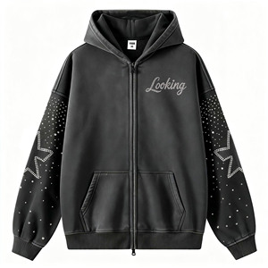 Sweat à capuche oversize pour homme, noir, style hip-hop, avec motif étoile en strass sur la manche et lettres, en polyester/coton respirant, pour l'hiver - Product Image 1