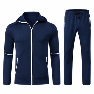Conjunto Deportivo para Hombre Azul Marino con Capucha y Cordón, Chaqueta Deportiva con Cremallera Blanca, Pantalones Jogger, 100% Algodón, Ecológico y Transpirable - Product Image 1