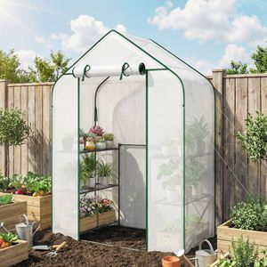 Serra Portatile con Copertura in PE Resistente ai Raggi UV, 6 Ripiani, Porta Avvolgibile, Vetro Temperato, Materiale PVC per Esterni, Colore Bianco - Product Image 2