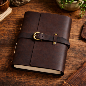 Journal artisanal en cuir brun épais avec stylo - Livre des Ombres vintage et carnet de croquis en papier à bords festonnés antique - Product Image 1