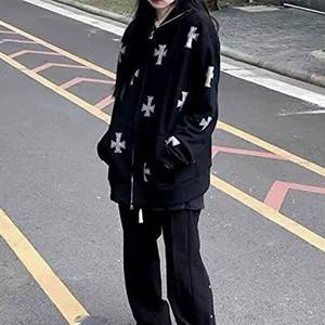 เสื้อฮู้ดซิปผู้หญิงผ้าฝ้ายปักคริสตัลรูปเพชรดำแบบ OEM สั่งทำได้ พร้อมซิปโลหะและลายปะติดกากเพชร ขายส่ง - Product Image 4