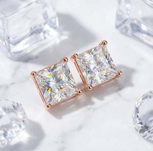 Princess Cut Moissanite Stud <b>Earrings</b> 925 Sterling <b>Silver</b> Rose Gold Plated Certified Luxury Classic Square Design Elegant - Product Image 4
