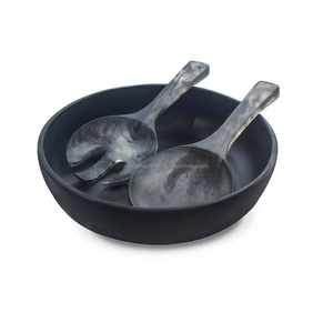 Ensemble de bols mélangeurs modernes en résine noire translucide, grand saladier personnalisé pour fruits avec cuillères de service, vaisselle de cuisine - Product Image 1