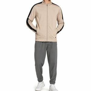 Veste de survêtement beige à capuche pour homme, rayures noires, manches longues, cordon de serrage, poches latérales, coupe classique, décontractée, couleur unie, automne - Product Image 1
