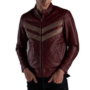 Mens Maroon Genuine <b>Leather</b> <b>Jacket</b> Manufacturer Wholesale Bulk Burgundy Biker Bomber <b>Blazer</b> Coat Custom OEM Chevron Stripe Outer - Product Image 2