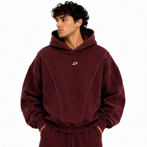 Wholesale Custom <b>Burgundy</b> Washed Fleece <b>Men</b> <b>Hoodies</b> Oversized Panel Construction Pullover Front Logo Autumn Winter Supplier - Product Image 1