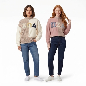 เสื้อสเวตเชิ้ตคอเต่าผู้หญิงแบบคัลเลอร์บล็อก ปักลายตัวอักษรกรีก สไตล์ลำลองสำหรับฤดูใบไม้ร่วง ทรงปกติ ผ้าคอตตอนผสม ถักทอ - Product Image 1