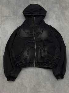 Oversized <b>Black</b> Cotton Pullover Hoodie <b>Men</b> Ruffle Design Washed Fabric Casual O-Neck Streetwear <b>Sweatshirt</b> Autumn Style - Product Image 1