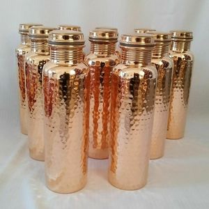 Copper <b>Water</b> <b>Bottle</b> Hammered Finish Green Sleeve Portable Travel Drinkware Classic Design Large Capacity Eco-Friendly Lids - Product Image 5