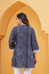Kurti de Rayón Estampado para Mujer, Azul Marino, Túnica Étnica con Encaje de Pompones, Kurti Informal - Product Image 2
