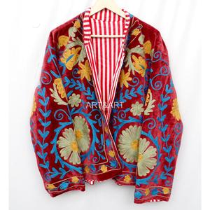 <b>Women's</b> Maroon <b>Velvet</b> Cotton Woven Embroidered Eco-Friendly Quick Dry Floral Pattern Striped Lining Full Sleeve Autumn <b>Coat</b> - Product Image 5