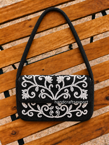 Women's Black and <b>White</b> Beaded Magnetic Closure Single Strap Envelope Shoulder Bag Handmade Vintage Floral - Product Image 4