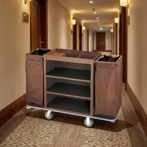 Chariot de ménage marron robuste pour hôtels, centres de villégiature et hôtellerie, avec rangement - Product Image 5