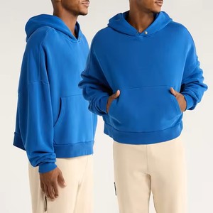Sweat-shirt à capuche unisexe surdimensionné en coton molletonné bleu uni, coupe-vent, décontracté, pour l'hiver, avec poches, coupe classique - Product Image 1