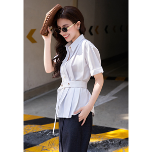 Camisa Casual Blanca Asimétrica con Cinturón para Mujer, Manga Corta, Cuello Camisero, Cómoda, de Algodón y Poliéster, Verano, ODM OEM SILAS - Product Image 5