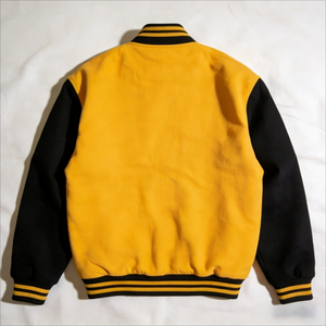 Boutique Men’s Varsity Bomber – Distressed Vintage Leather Sleeves with Heavyweight Charcoal <b>Felted</b> Wool - Product Image 2