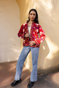 Luxurious Fusion Warmth Suzani Boho <b>Women</b> <b>Coat</b> Red Cotton <b>Velvet</b> Multicolour Floral Embroidered Ladies Jacket - Product Image 6