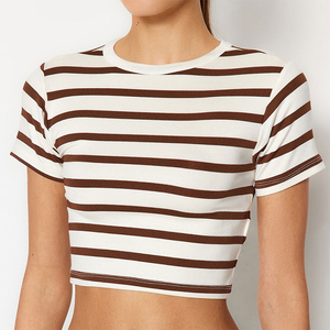 INDEX APPAREL Women's Striped Crop <b>Top</b> Crew Neck Short Sleeve Knitted Casual Summer Wear - Product Image 4