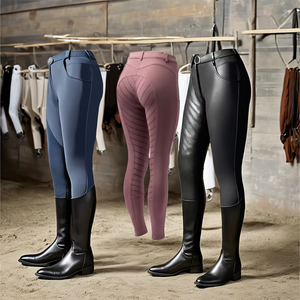 Culotte d'équitation longue taille haute pour femme avec braguette boutonnée et empiècements en mesh, en Spandex Nylon, coloris bleu marine, rose, noir - Product Image 1
