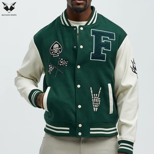 White Green Ribbed Collar Button Front Solid <b>Pattern</b> Eco-Friendly Melton Wool PU Leather Unisex Loose Fit College <b>Jackets</b> - Product Image 2