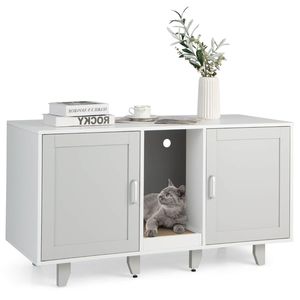 Caja de arena para gatos de 2 puertas con poste rascador y mesa, espacio privado para ir al baño, área de juego y almacenamiento, fácil montaje - Product Image 1
