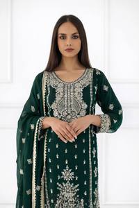 Embellished <b>Green</b> Indian Pakistani Set Chinnon Kurti Sharara Lace Border Dupatta Wedding Party Wear - Product Image 2