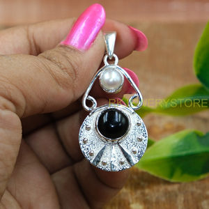 Large Black onyx And Mother of Pearl Gemstone Pendant <b>Necklace</b> 925 Sterling Silver Handmade Hammered Deigns Pendant Jewelry Gift - Product Image 4