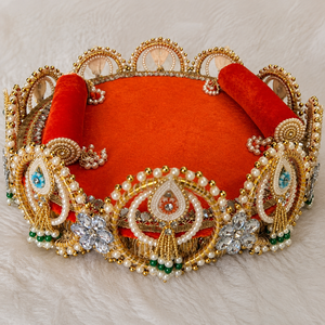 Handmade Decorative Wedding Tray Pearl Beaded Puja Thali Basket Orange Velvet <b>Gift</b> <b>Hamper</b> for Pooja Festival Decor - Product Image 4